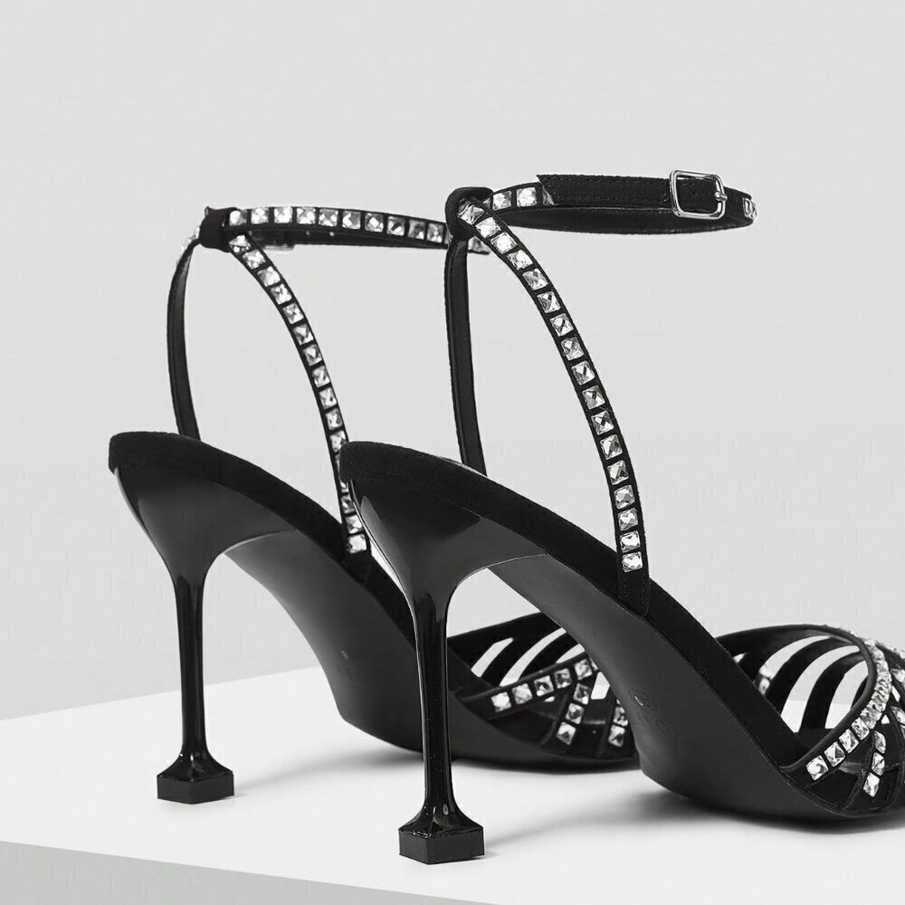 Black Glamorous Women's Rhinestone Buckle High Heel Shoes - Picture 6 of 6